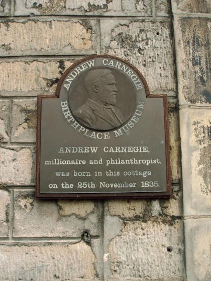 Plaque on wall of Carnegie Birthplace Moodie Street Dunfermline
